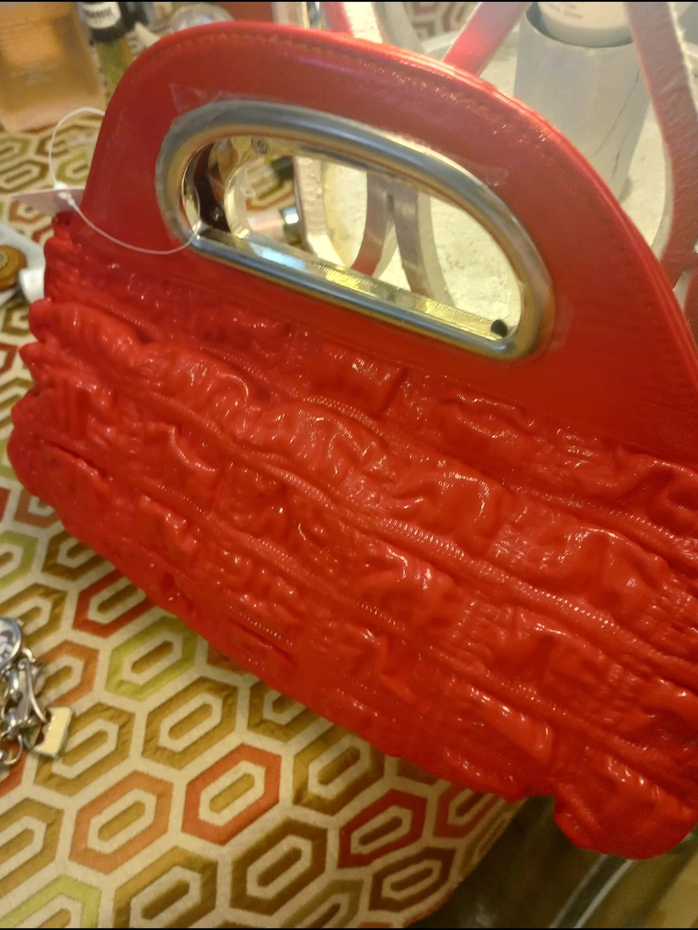 Red Ruffled Handbag with Silver Accent - Picture 6 of 14